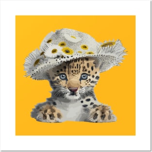 Leopard cub in a hat with flowers Posters and Art